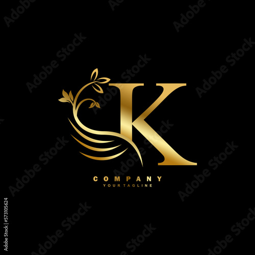 Gold luxury K letter logo with beautiful floral and feather ornament. feather logo. K typography, K monogram. Suitable for business logos, brands, companies, boutiques, beauty logos, etc