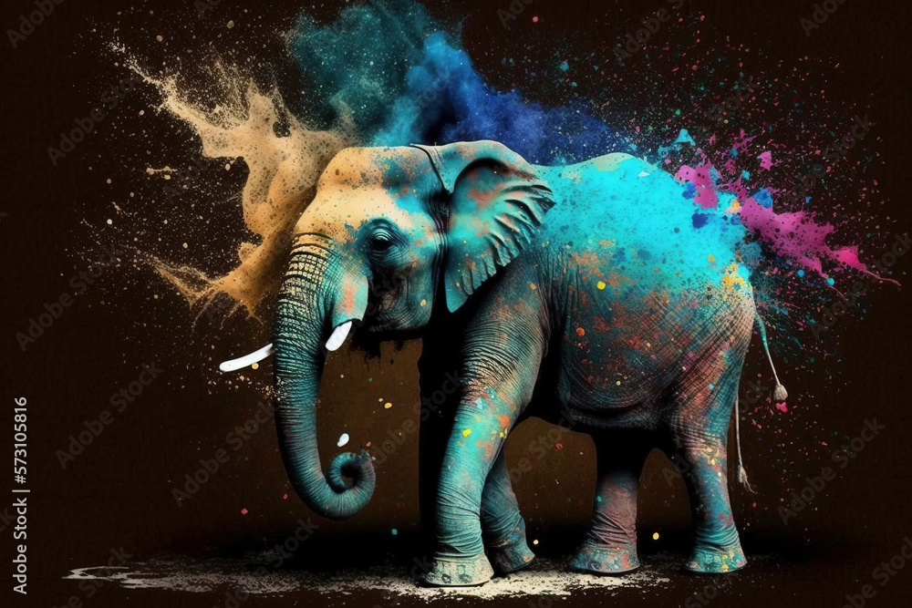 Fototapeta premium Elephant Happy Holi colorful background. Festival of colors, colorful rainbow holi paint color powder explosion isolated black, white orTaj Mahal wide panorama background.
