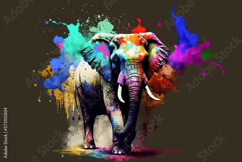 Elephant Happy Holi colorful background. Festival of colors, colorful rainbow holi paint color powder explosion isolated black, white orTaj Mahal wide panorama background.