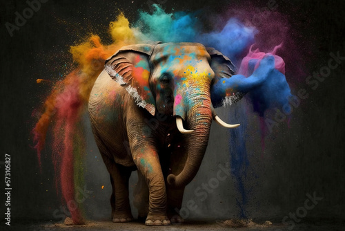 Elephant Happy Holi colorful background. Festival of colors  colorful rainbow holi paint color powder explosion isolated black  white orTaj Mahal wide panorama background.