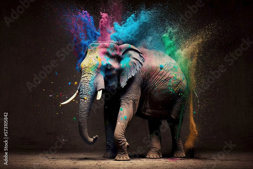 Elephant Happy Holi colorful background. Festival of colors, colorful rainbow holi paint color powder explosion isolated black, white orTaj Mahal wide panorama background.