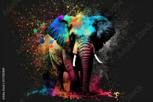 Elephant Happy Holi colorful background. Festival of colors, colorful rainbow holi paint color powder explosion isolated black, white orTaj Mahal wide panorama background.