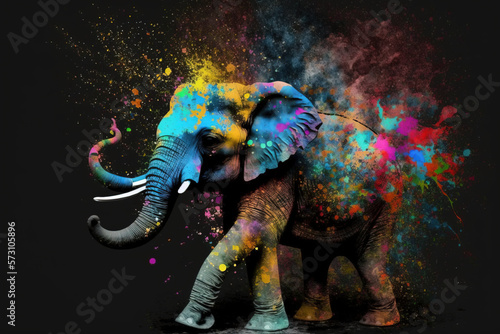 Elephant Happy Holi colorful background. Festival of colors, colorful rainbow holi paint color powder explosion isolated black, white orTaj Mahal wide panorama background.