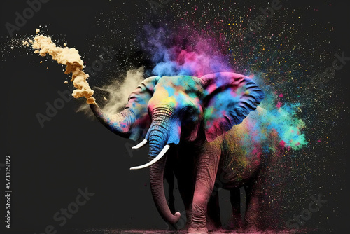 Elephant Happy Holi colorful background. Festival of colors, colorful rainbow holi paint color powder explosion isolated black, white orTaj Mahal wide panorama background. © Inmaculada