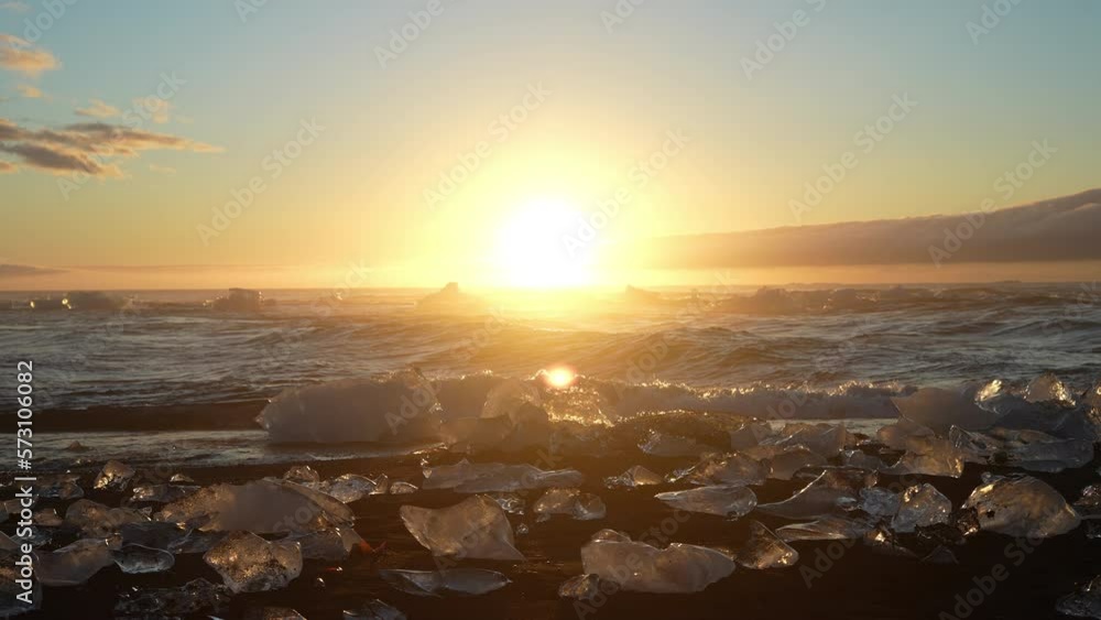 Sunset With Little Icebergs On Diamond Beach Sunset With Little Icebergs On Diamond Beach
