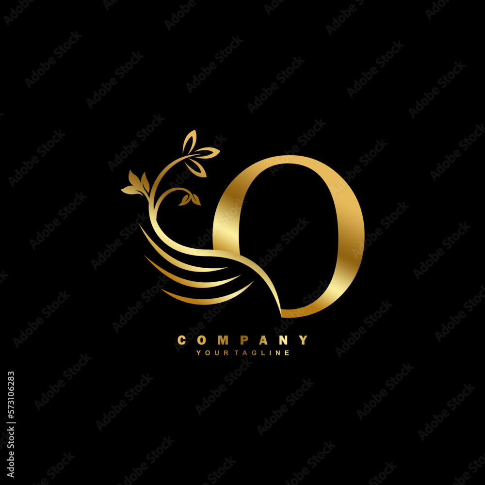 Gold luxury O letter logo with beautiful floral and feather ornament