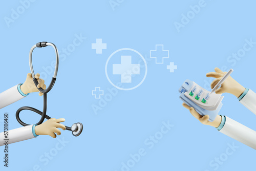Doctor hands holding stethoscope and diagnosis patient on check board with medical icon. Medical healthcare team and hospital concept. 3D rendering.
