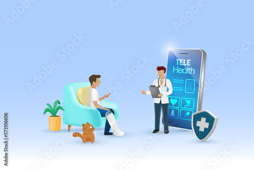 Tele health, online doctor consultation technology. Virtual doctor in medical mobile app give broken leg patient advise in health problem. Medical and health care service innovation technology.