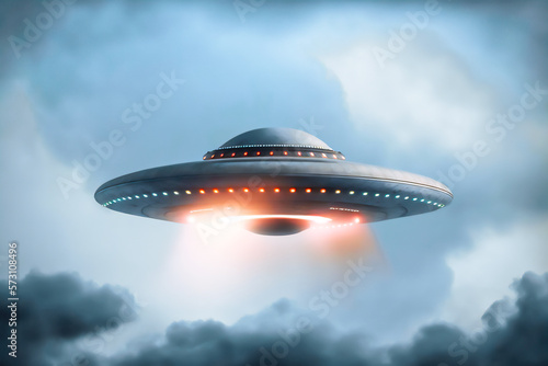 3d flying saucer with lights flying in the sky