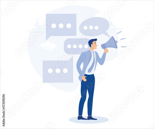 Communication or PR, announce sales or promotion concept, businessman holding speech bubble while talking on megaphone. Flat vector modern illustration 
