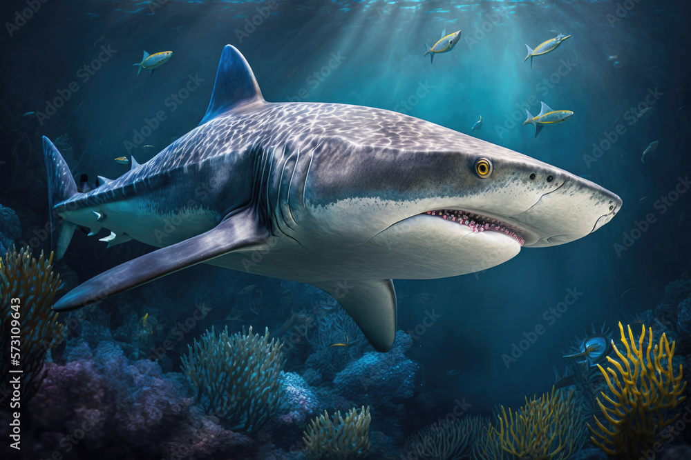 Naklejka premium Illustration of big shark, the king of the sea, surrounded by other fishes, for theme, background, backdrop, desktop, wallpaper, education