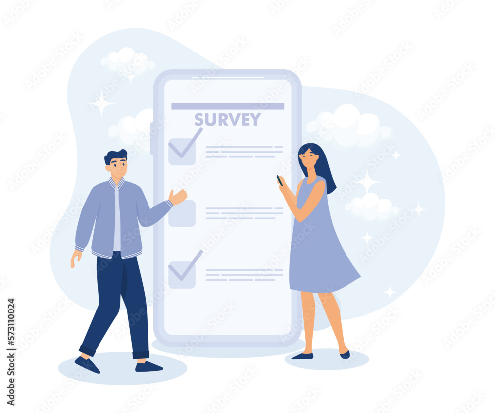 opinion or customer feedback using internet concept, man and woman using mobile or smartphone to fill in online survey checklist. Flat vector modern illustration opinion or customer feedback using internet concept, man and woman using mobile or smartphone to fill in online survey checklist. Flat vector modern illustration