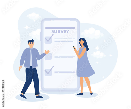 opinion or customer feedback using internet concept, man and woman using mobile or smartphone to fill in online survey checklist. Flat vector modern illustration 