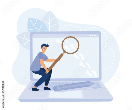 Website visitor tracking or digital footprint, businessman detective using magnifying glass to track visitor footpath on laptop computer. Flat vector modern illustration 