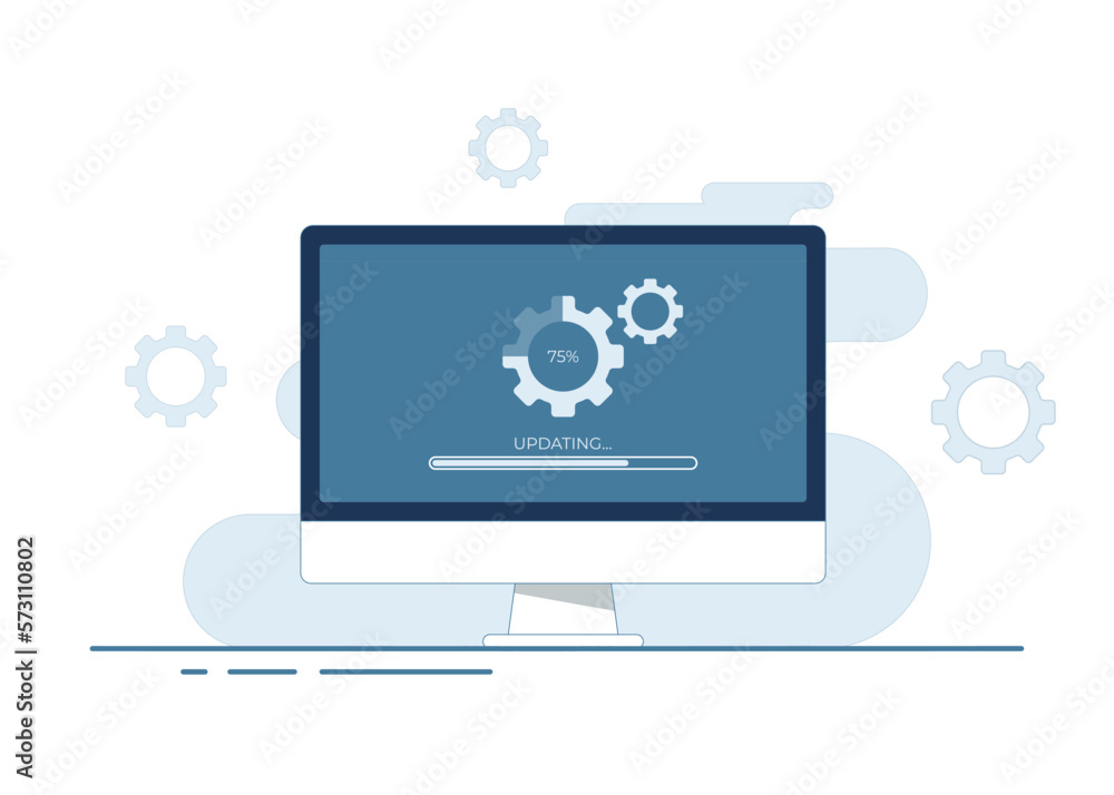 Desktop computer with update screen flat vector illustration, System maintenance, update process, install software, operating system, Desktop computer with update screen flat vector illustration, System maintenance, update process, install software, operating system,