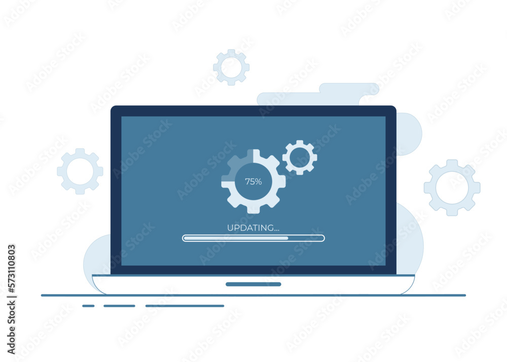 Laptop computer with software update screen flat vector illustration, System maintenance, update process, install software, operating system, 