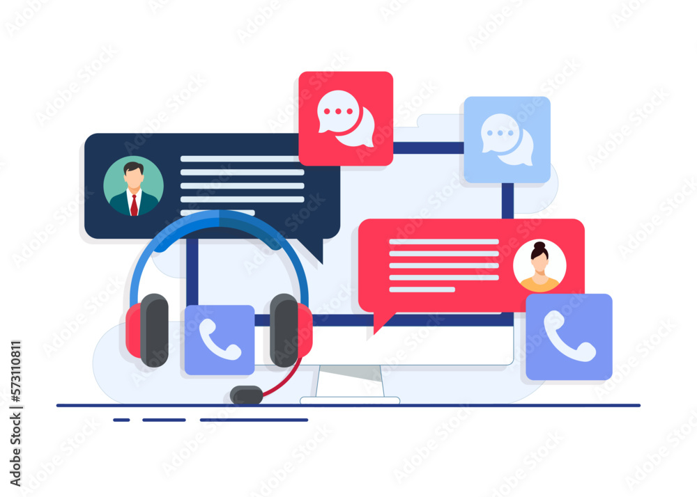 Customer support flat vector illustration with desktop computer headset, message bubbles, customer service, online support, help desk Customer support flat vector illustration with desktop computer headset, message bubbles, customer service, online support, help desk