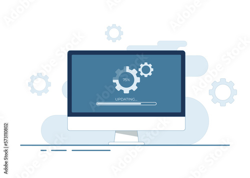Desktop computer with update screen flat vector illustration, System maintenance, update process, install software, operating system, 