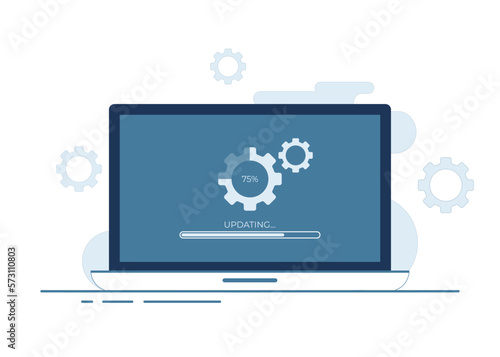 Laptop computer with software update screen flat vector illustration, System maintenance, update process, install software, operating system, 