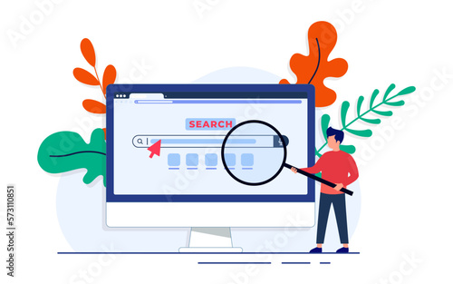 Search engine concept with people holding magnifying glass illustration, Web browser homepage concept