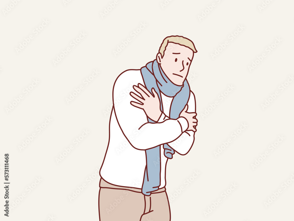 Young man in sweater and scarf shivering from cold feel sick simple korean style illustration