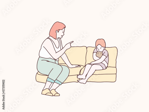 Daughter hugging doll being scolded by mother in living room korean style illustration