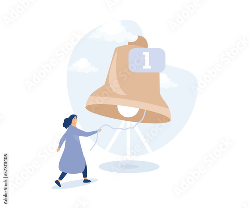 Ring subscription bell,young woman new subscriber ringing the big bell with notification number.Flat vector modern illustration 