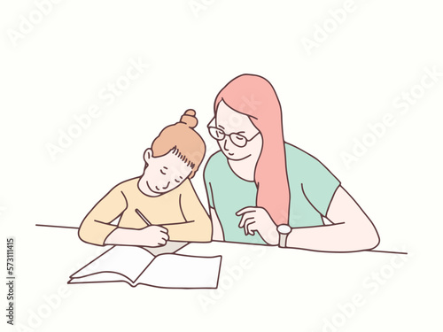 Mother accompanies daughter to study simple korean style illustration