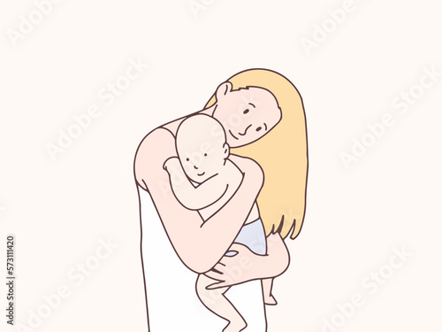 Mother hugs baby warmly simple korean style illustration