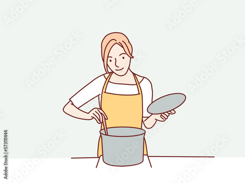 mom cooking stir on pan with apron and spatula simple korean style illustration