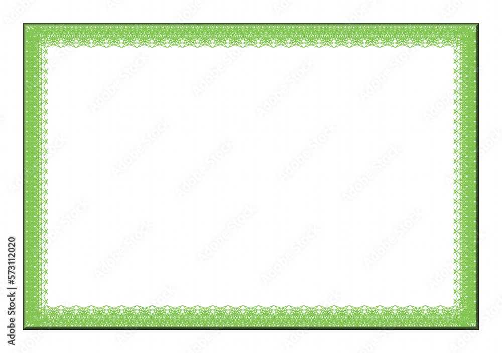 Green patterned empty frame, both vertical and horizontal. The frame pattern is a perforated decorative sharp lace with a 3d border. Isolated, space for text.