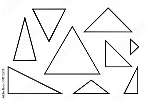 Triangles set, various black outlined triangles,isolated on white background
