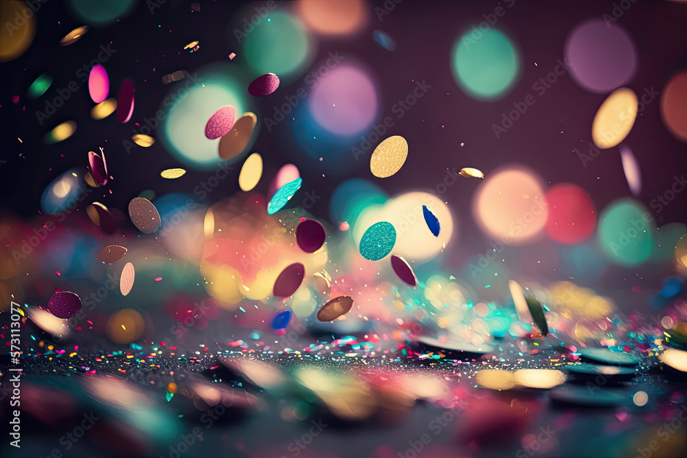 Colorful confetti in front of colorful background with bokeh for carnival, generative Ai