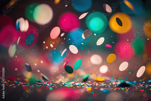 Colorful confetti in front of colorful background with bokeh for carnival, generative Ai