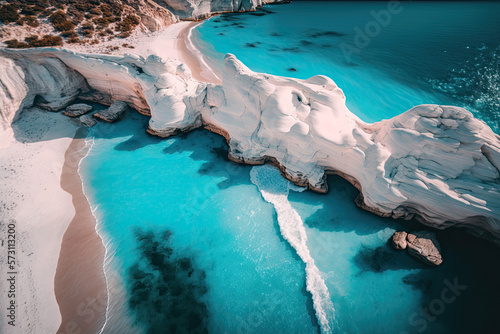 Drone overhead image of Sarakiniko Beach in Greece's Milos Island photo