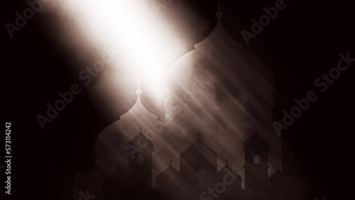 Illustration of Islamic mosque on foggy and smoky dark background with glowing light from left corner.