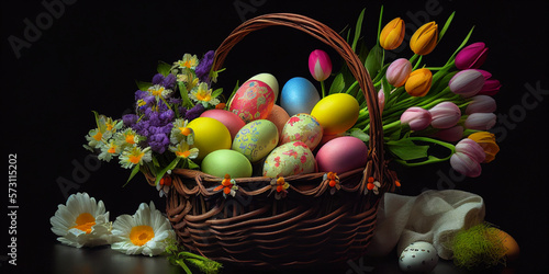 Colorful Easter eggs in a basket with flowers