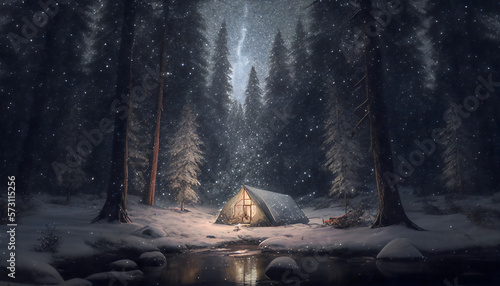 camping in winter night in a snowing forest. milky way  night  tent  river 
