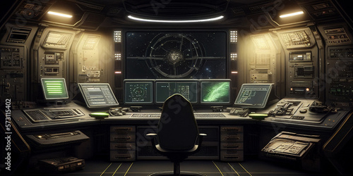 Inside an alien space ship looking at a desk with computers and a large screen created by Generative AI
