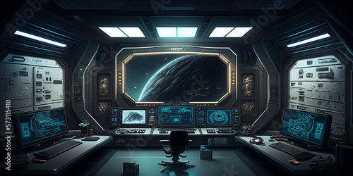 Inside an alien space ship with computers and a view of a planet created by Generative AI