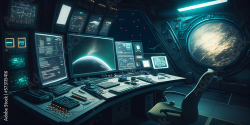 Alien space ship command station with computer screens and a porthole looking outside created by Generative AI