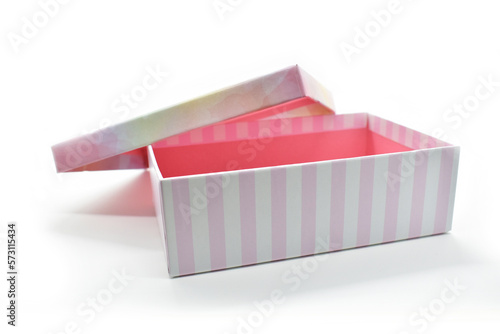 open beautiful pink box on white background, package for design