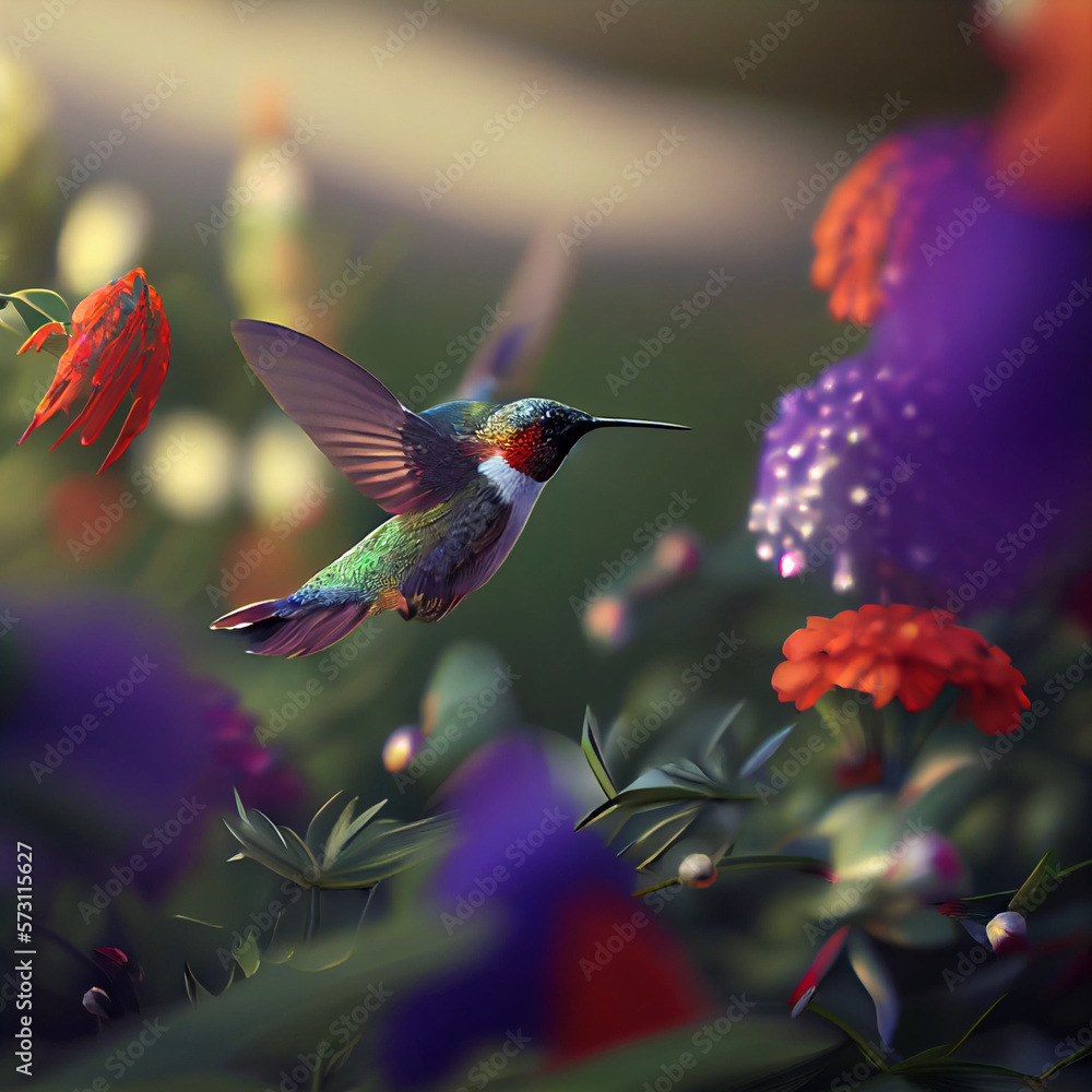 Fototapeta premium Hummingbird animal, hummingbird flying between flower, honey, and nectar, hummingbird generative ai