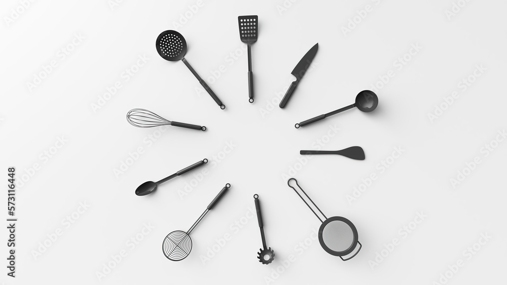 kitchen utensils top view on white background 3d rendering kitchen utensils top view on white background 3d rendering