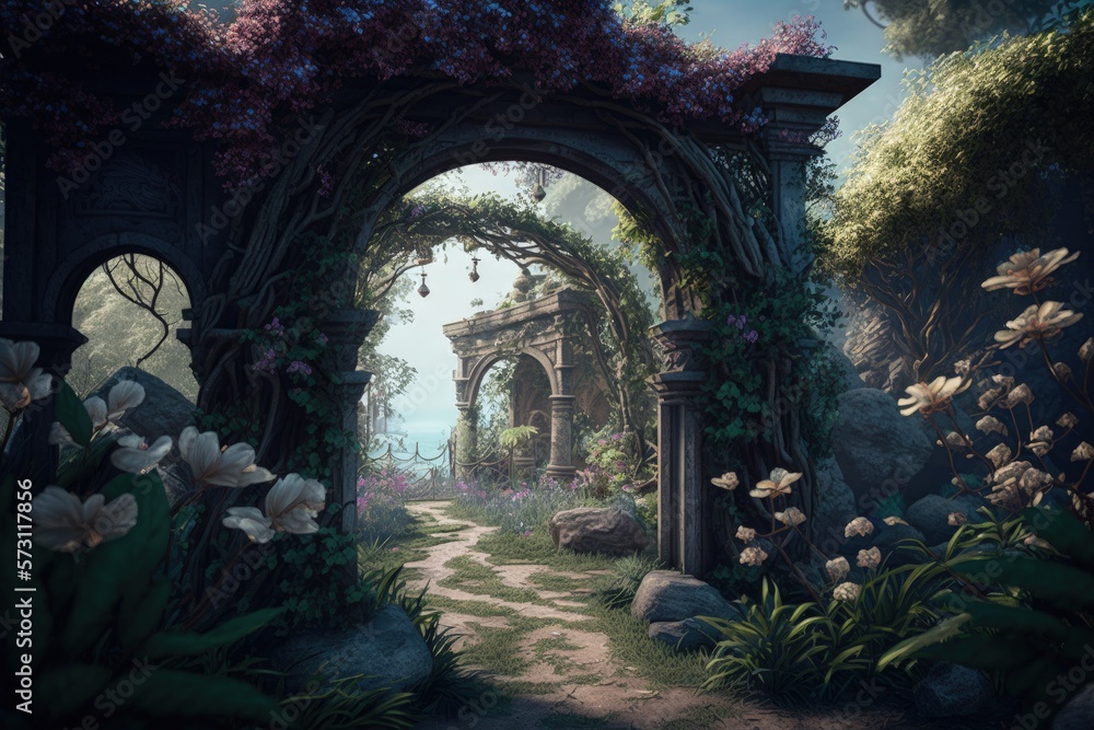 Fantasy garden landscape, magic garden, Generative AI
