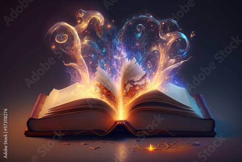 Book of spells, open magic book coming out mystical energy, Generative AI