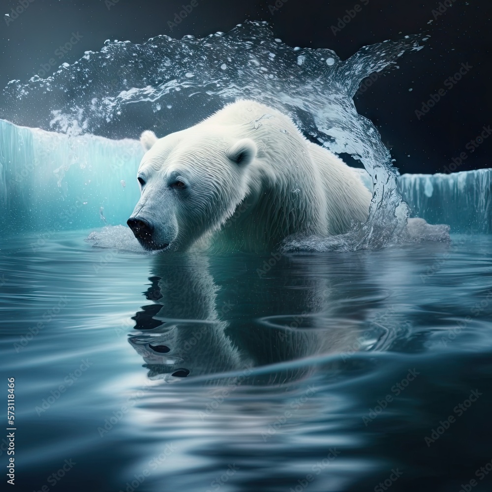 Polar Bear in water in north pole, realistic