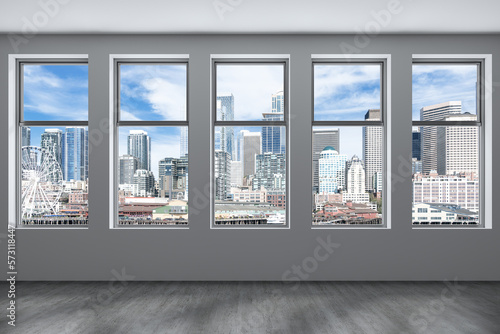 Empty room Interior Skyscrapers View. Cityscape Downtown Seattle City Skyline Buildings from High Rise Window. Beautiful Real Estate. Day time. 3d rendering.