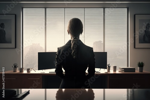Businesswoman from the back inside office room, woman looking out window inside office, Generative AI 