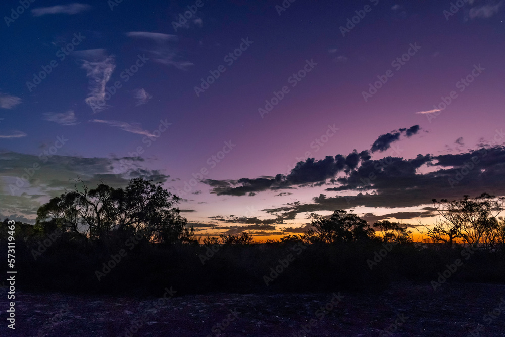 Twilight sky with clouds and trees out in the bush